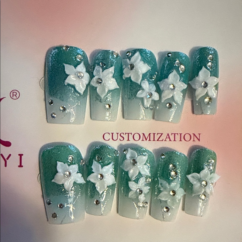 Teal Ombre 3D Floral handmade Press-On Nails with Rhinestones